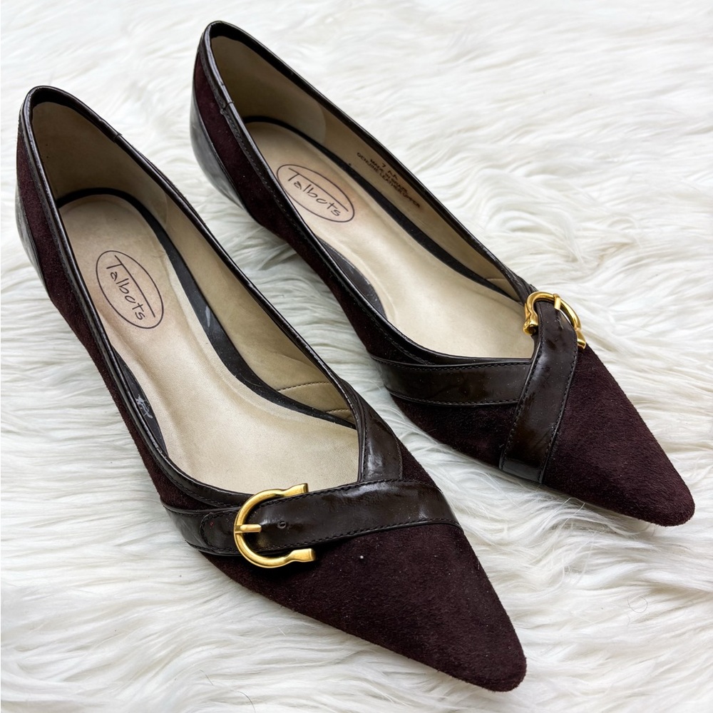 Talbots Suede Leather Gold Buckle Pointed Toe Kitten Heels Brown Vintage Narrow
